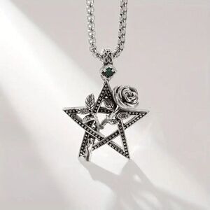 Pentagram Star Rose Emerald Silver Unisex Pendant Necklace